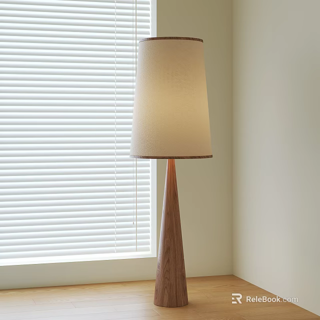 Modern Floor Lamp With Wooden Cone Base And Cream Lampshade By Window Blinds 3d model 