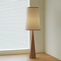 Modern Floor Lamp With Wooden Cone Base And Cream Lampshade By Window Blinds