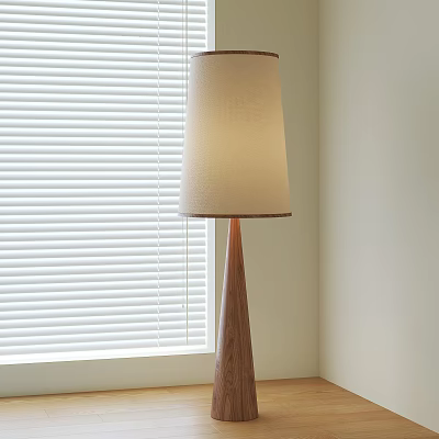 Modern Floor Lamp With Wooden Cone Base And Cream Lampshade By Window Blinds 3d model