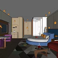 Elegant Modern Hotel Guest Room With Round Bed Sofa Chairs And Colorful Carpet