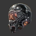 Futuristic Sci Fi Helmet With Metallic Surface Glowing Orange Lights And Circular Details