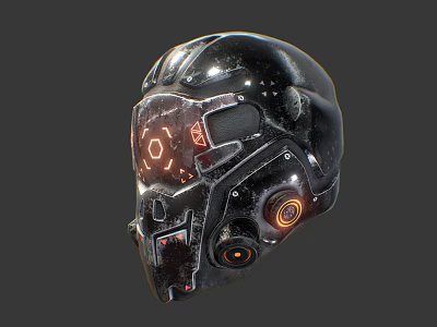 Futuristic Sci Fi Helmet With Metallic Surface Glowing Orange Lights And Circular Details 3d model