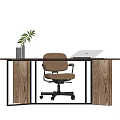 Wooden Office Desk With Metal Frame Brown Chair Laptop And Green Plant In Vase