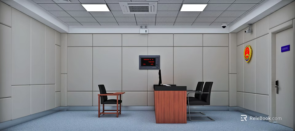 Monitoring Room Interior With Monitor Desk Chairs Walls Ceiling Lights And Air Conditioner 3d model 