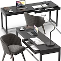 Modern Black Home Office Desk With Laptop Desk Lamp Books Notebook And Gray Chair