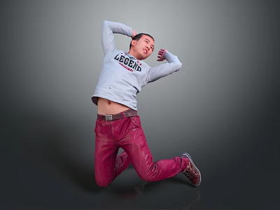 Man Kneeling Arms Raised Behind Head In Grey Green Print Top Red Pants Grey Background 3d model