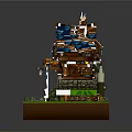 Lego Style Small House Model With Blue Roof Chimney And Staircase On Green Grass Base