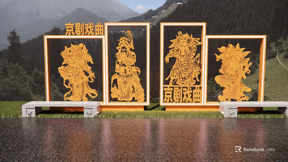 Chinese Opera Themed Golden Intricate Traditional Figurine Pendants With Outdoor Scenic 3d model 