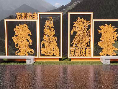 Chinese Opera Themed Golden Intricate Traditional Figurine Pendants With Outdoor Scenic 3d model