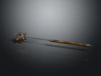 Medieval Flail Weapon With Star Shaped Head Chain And Wooden Handle 3d model