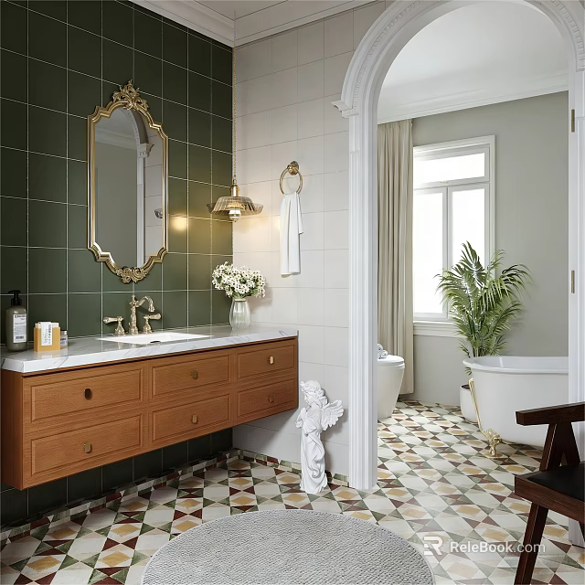 Elegant Bathroom With Green Tiled Wall Gold Framed Mirror Vanity And Free Standing Bathtub 3d model 