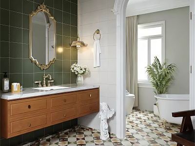 Elegant Bathroom With Green Tiled Wall Gold Framed Mirror Vanity And Free Standing Bathtub 3d model