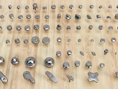 Various Metal Hardware Parts Displayed On Wooden Surface With Different Shapes 3d model