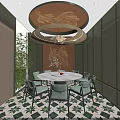 Elegant Private Dining Room With Round Marble Table Light Green Chairs And Golden Wall Decor