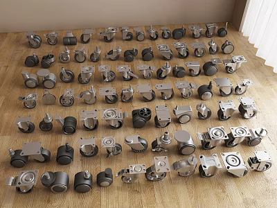 Different Types Of Metal And Rubber Casters Arranged On Wooden Floor 3d model