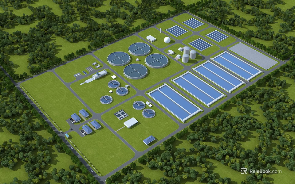 Industrial Factory Layout With Circular Storage Tanks Blue Roof Buildings And Green Trees 3d model 