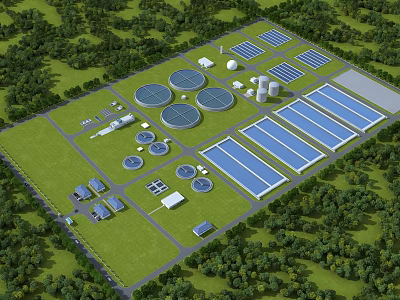 Industrial Factory Layout With Circular Storage Tanks Blue Roof Buildings And Green Trees 3d model