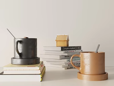 Minimalist Decorative Ornament Set with Black Brown Mugs Books and Small House 3d model
