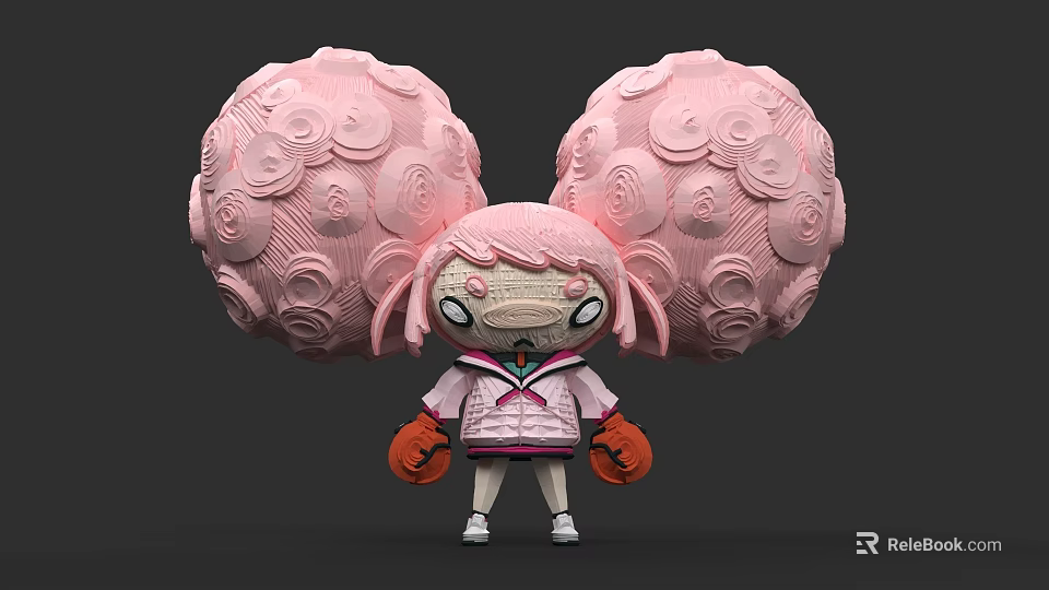 Cartoon Woman With Large Pink Spiral Pattern Ears And Pink Coat Orange Gloves 3d model 