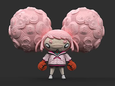 Cartoon Woman With Large Pink Spiral Pattern Ears And Pink Coat Orange Gloves 3d model