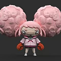 Cartoon Woman With Large Pink Spiral Pattern Ears And Pink Coat Orange Gloves