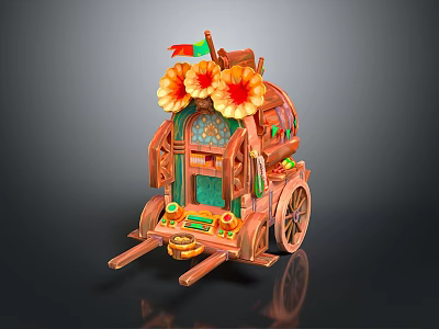 Decorative Wooden Cart With Orange Flowers Small Flag And Intricate Design 3d model