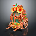 Decorative Wooden Cart With Orange Flowers Small Flag And Intricate Design
