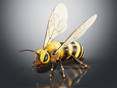 Detailed Yellow and Black Striped Bee with Transparent Wings on Dark Background 3d model