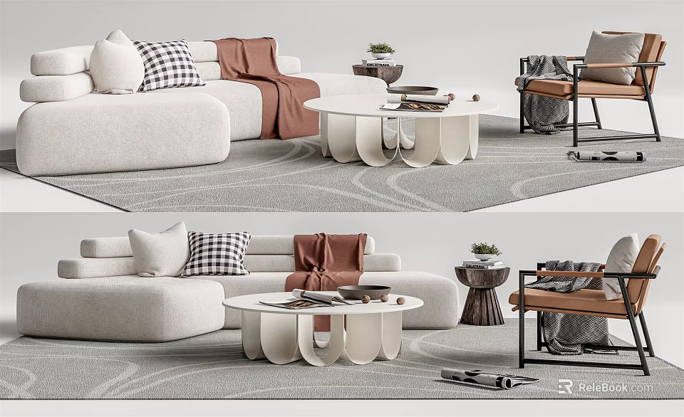 Modern Beige Sofa And Coffee Table Set With Checkered Pillows Round Table And Armchair 3d model