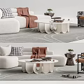 Modern Beige Sofa And Coffee Table Set With Checkered Pillows Round Table And Armchair 3d model