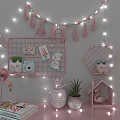 Cute Wall Decor with Pink Grid Hexagon Shelves Flamingo Ornament Green Plants and String Lights
