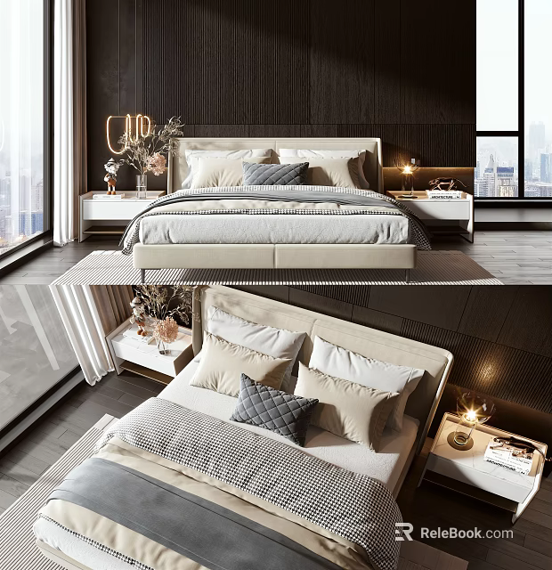 Modern Bedroom Interior With Double Bed Decorative Pillows Bedside Lamps And Window View 3d model 