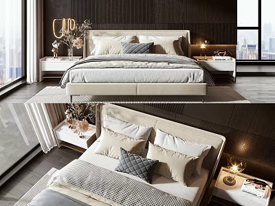 Modern Bedroom Interior With Double Bed Decorative Pillows Bedside Lamps And Window View 3d model