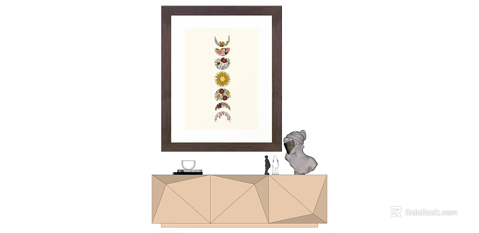 Framed Artwork With Vertical Decorative Patterns On Geometric Cabinet And Dog Figurine 3d model 