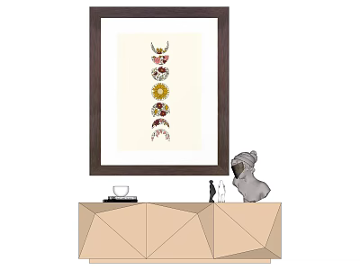 Framed Artwork With Vertical Decorative Patterns On Geometric Cabinet And Dog Figurine 3d model