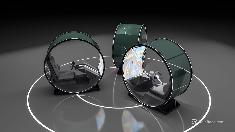Three Circular Driving Simulators Featuring Transparent Green Shells Seats Steering Wheels And Driving Screens 3d model 