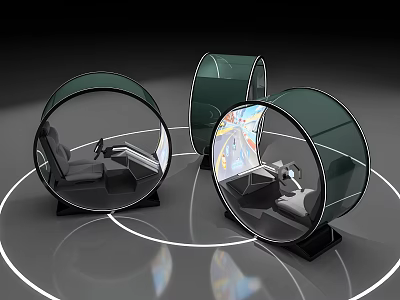 Three Circular Driving Simulators Featuring Transparent Green Shells Seats Steering Wheels And Driving Screens 3d model