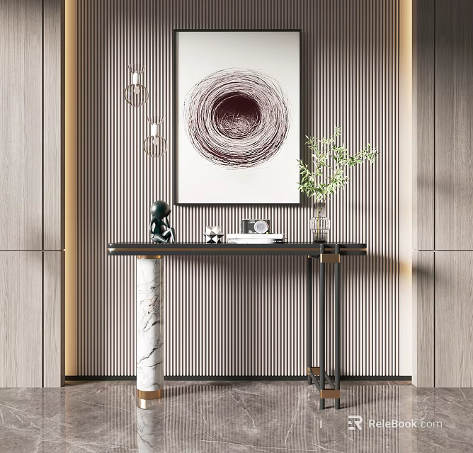 Modern Entry Console Table With Marble Legs Striped Wall Paneling Abstract Painting And Green Plant 3d model 