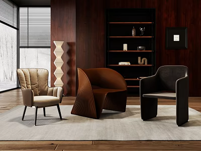Upholstered Beige Brown Black Accent Chairs In Modern Interior With Wooden Bookshelf And Floor Lamp 3d model
