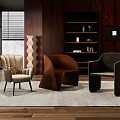 Upholstered Beige Brown Black Accent Chairs In Modern Interior With Wooden Bookshelf And Floor Lamp