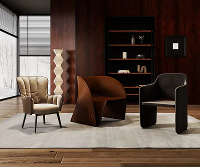 Upholstered Beige Brown Black Accent Chairs In Modern Interior With Wooden Bookshelf And Floor Lamp 3d model