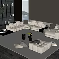 Modern Elegant Sectional Sofa and Coffee Table Set with Beige Tones Greenery and Throw Pillows 3d model