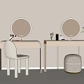 Modern Minimalist Dressing Table With Two Round Mirrors Chair Ottoman And Potted Plant