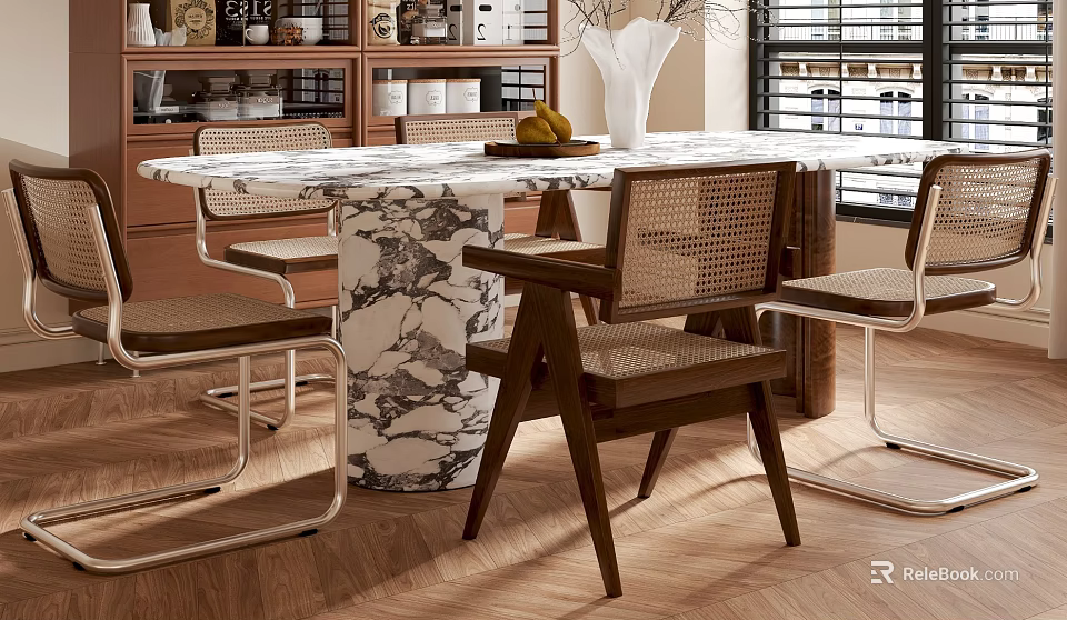 Modern Dining Table And Chairs Set With Marble Top Base Woven Backrest And Bookshelf Vase 3d model 