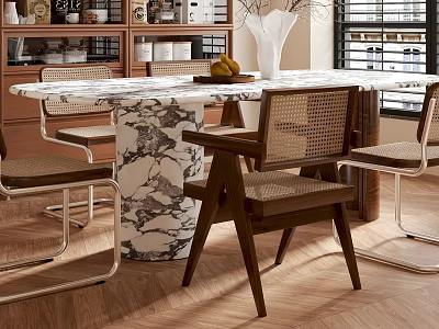 Modern Dining Table And Chairs Set With Marble Top Base Woven Backrest And Bookshelf Vase 3d model