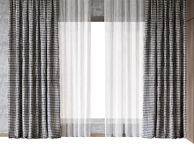 Black And White Checkered Curtains With Sheer White Panels For Window Decoration 3d model