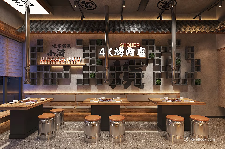 Traditional Korean BBQ Restaurant Interior With Wooden Tables And Metal Stools 3d model 