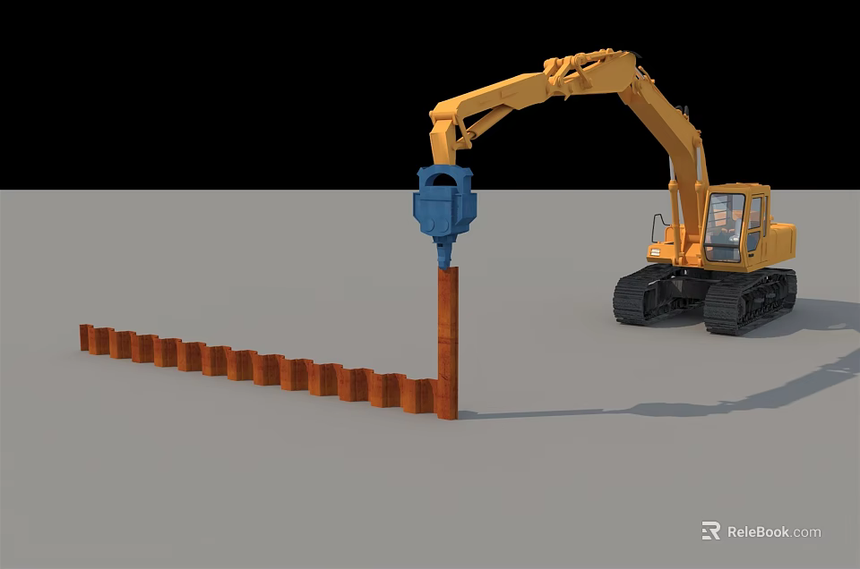 Yellow Construction Excavator Performing Pile Driving Work With Blue Driver Attachment And Wooden Piles 3d model 