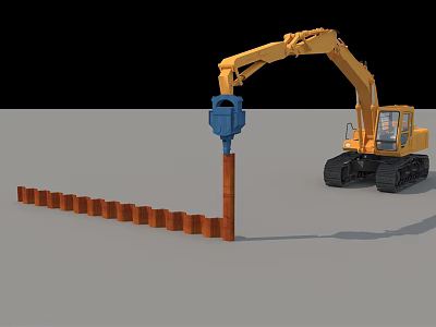 Yellow Construction Excavator Performing Pile Driving Work With Blue Driver Attachment And Wooden Piles 3d model