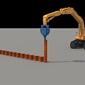 Yellow Construction Excavator Performing Pile Driving Work With Blue Driver Attachment And Wooden Piles